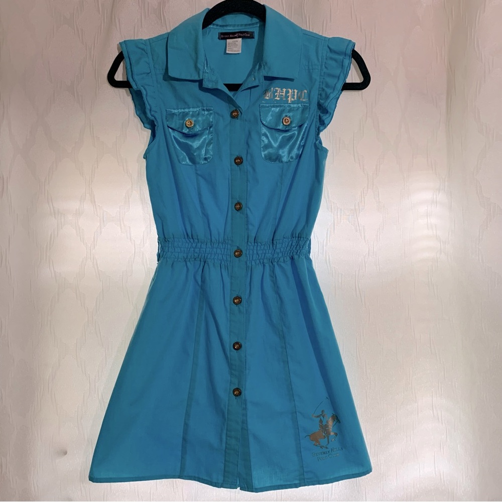 Beverly Hills Polo Club Blue Dress Girls Size L (14/16) Midi Gold Details Summer